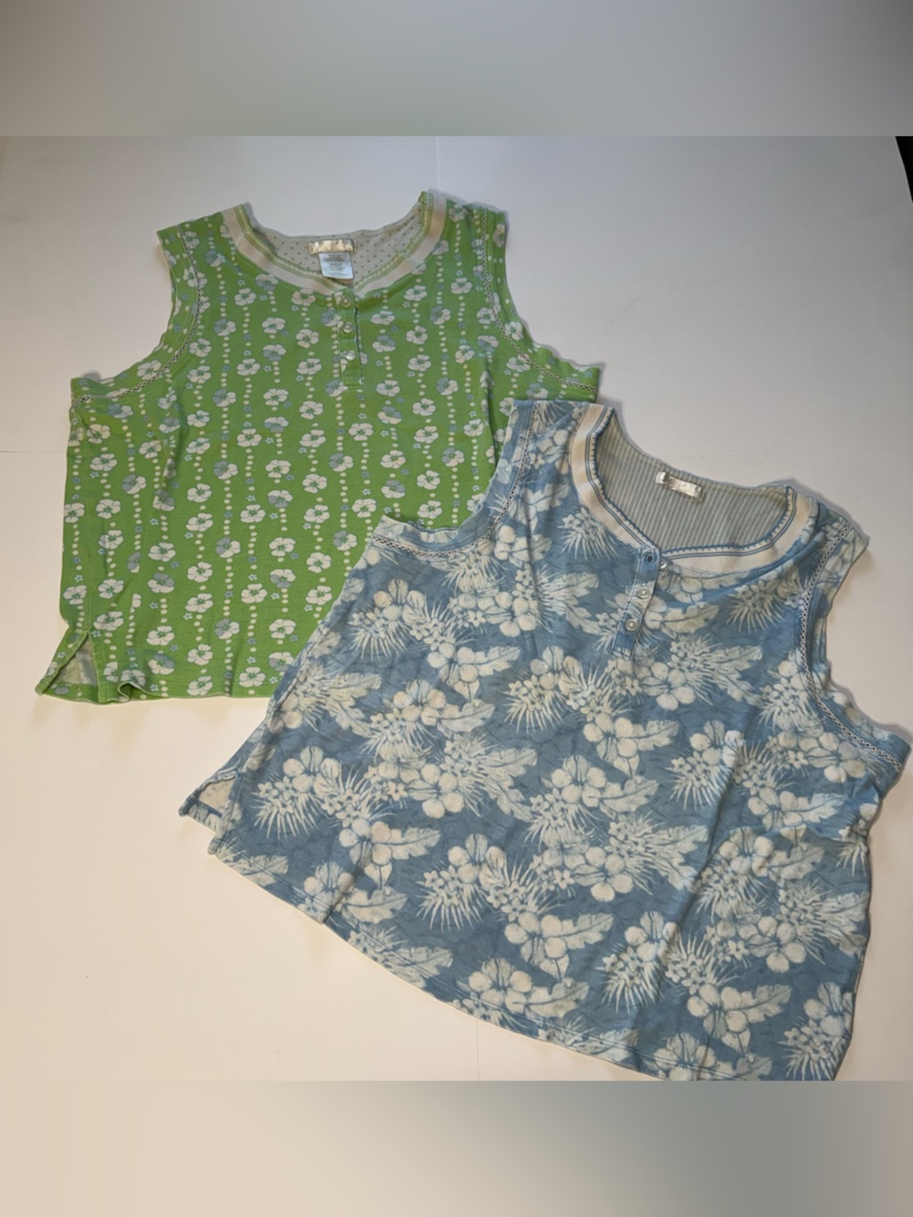 SET OF TWO Vintage Women’s Sleeveless Pajama Tank - Blue Floral and Green Daisy